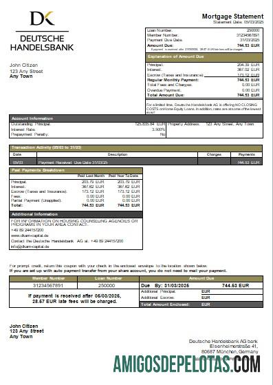Declaração de hipoteca bancária do Deutsche Handelsbank AG da Alemanha exemplo